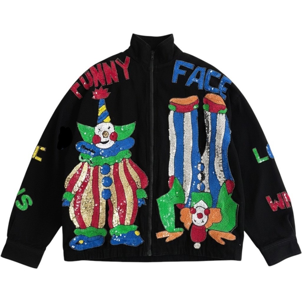 MODI Denim Sequin Clown Jacket Womens L Black Fair Vintage 90s Novelty Circus
